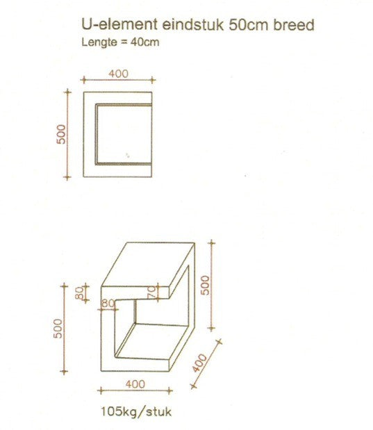U-element eindstuk 400x400x500 mm grijs