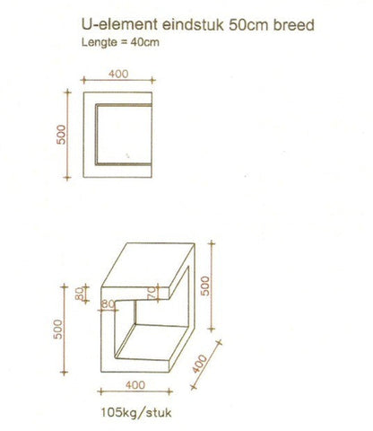 U-element eindstuk 400x400x500 mm grijs