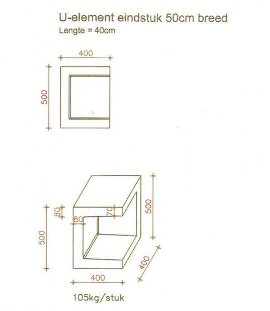 U-element eindstuk 400x400x500 mm grijs